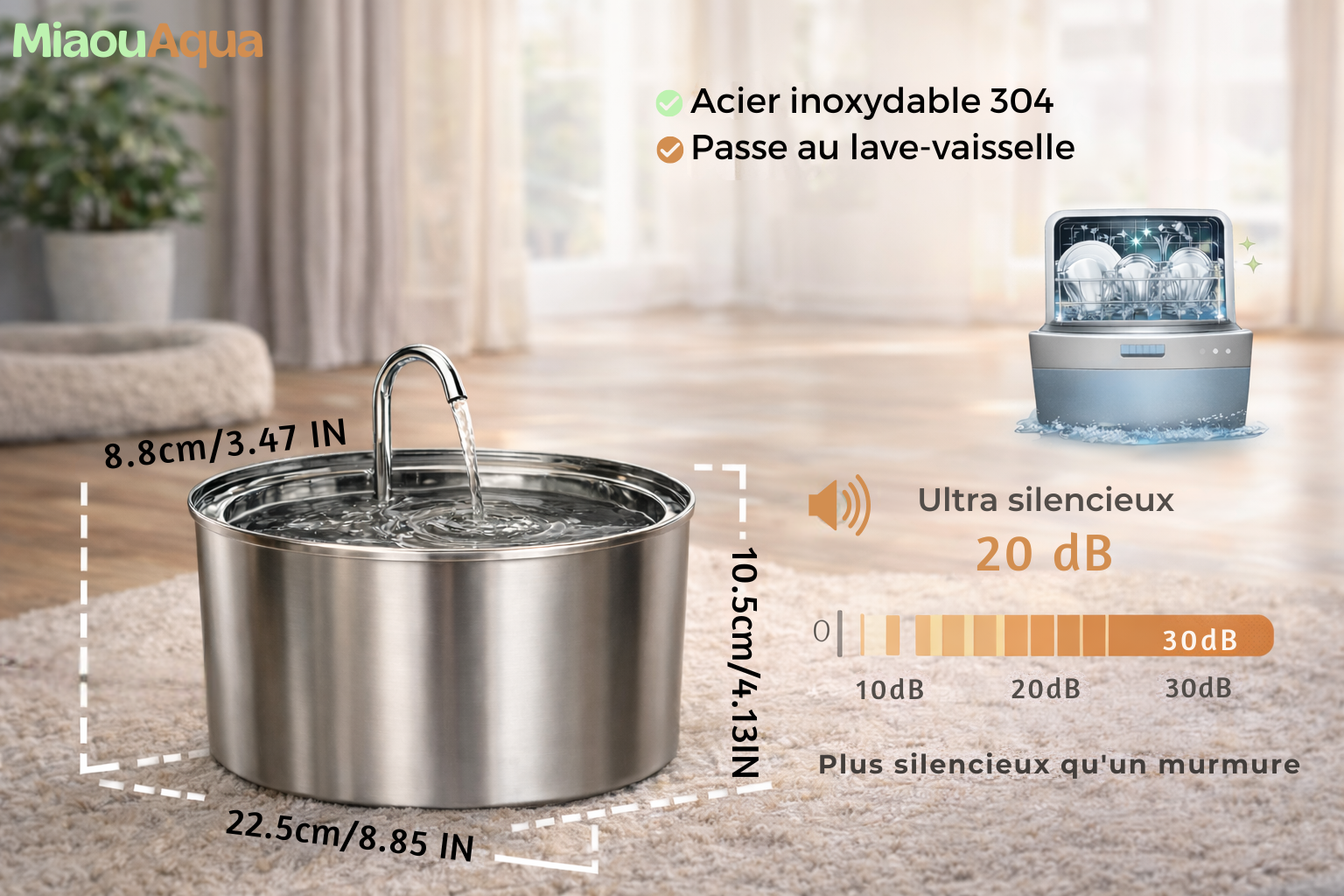 Fontaine à eau automatique silencieuse en acier inoxydable