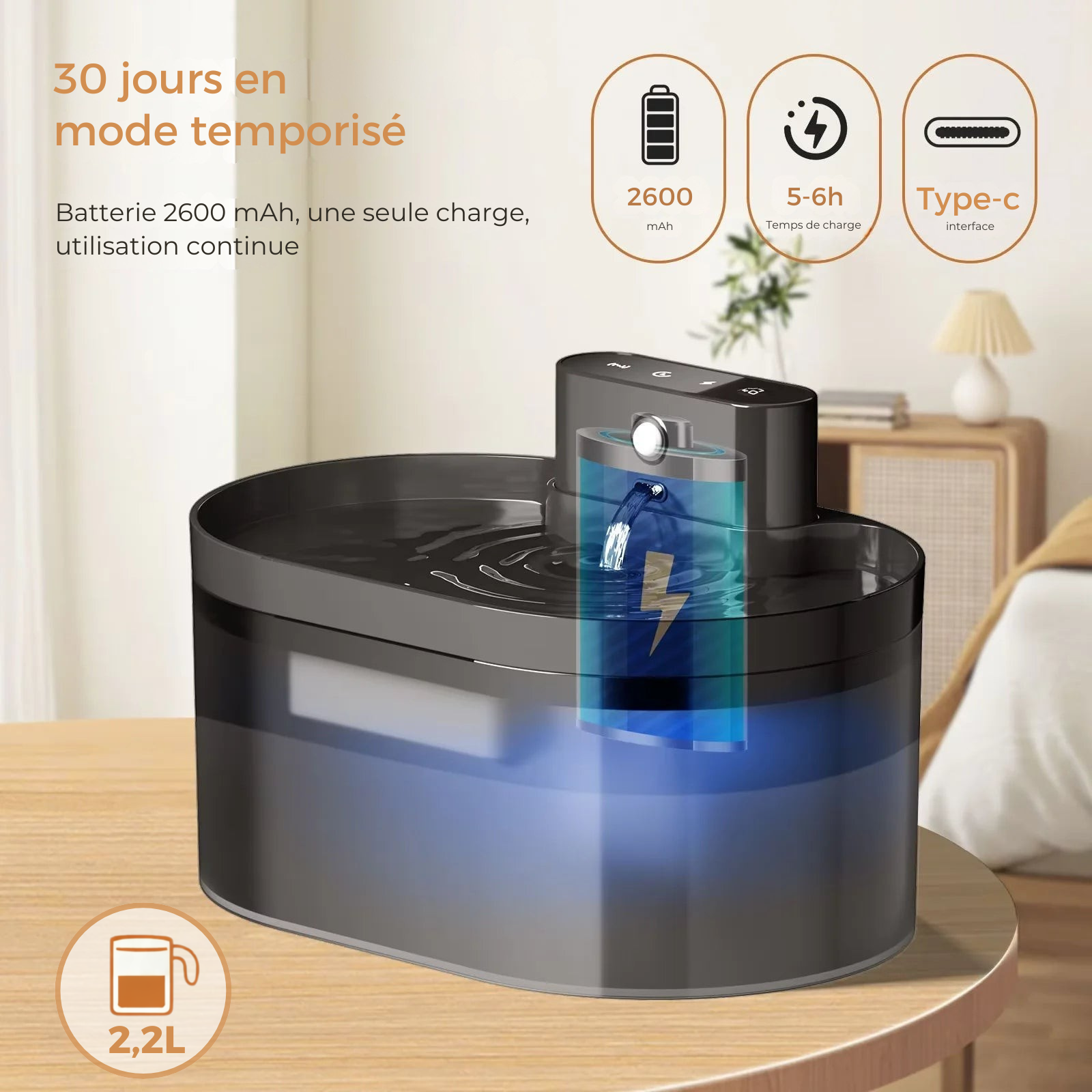 Distributeur d'eau automatique sans fil pour animaux de compagnie